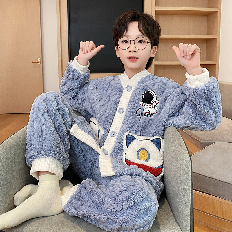 Children's coral fleece pajamas for boys autumn and winter 2024 new winter jacquard fleece home clothes for teenagers and little boys