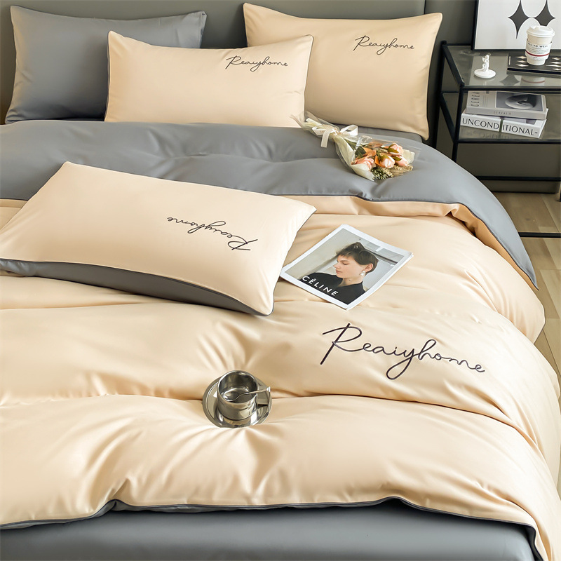 Picture of Solid color double four-piece set of style bed sheets home light luxury quilt cover washed cotton embroidered letter quilt cover three-piece set