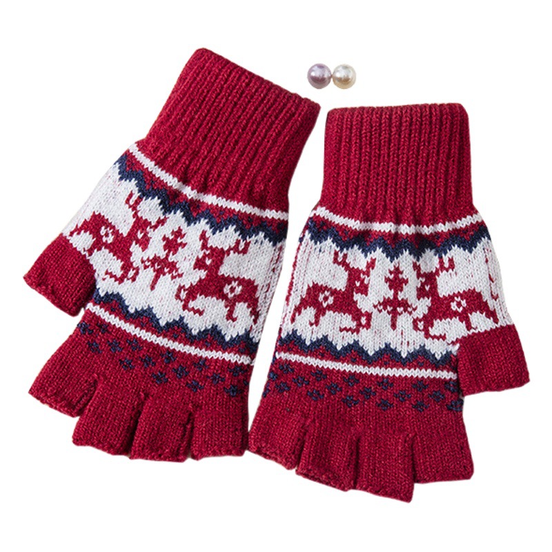 Half finger gloves leaking finger deer Jacquard knitted gloves for students writing homework playing games unisex elastic