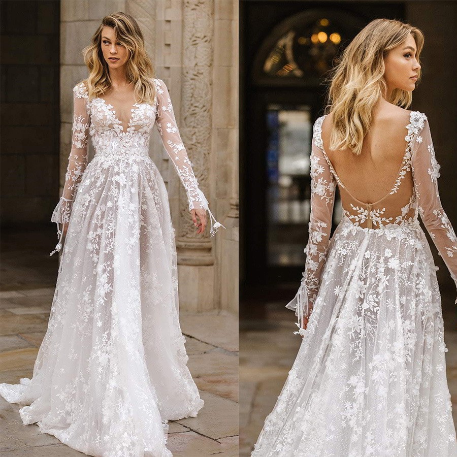 Ready-Made 2025 European and American Export Wedding Dress Amazon Sexy Lace Long-Sleeved Dress Evening Dress for Women