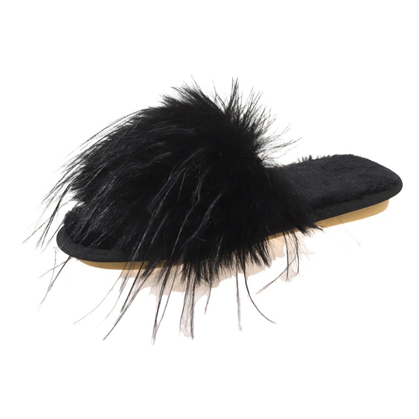 2025 Korean Autum New Flats-Soled Fur Slippers for Outer Wear, Fashionable Sandals, Feather Flip-Flops, Dressing Gown and Matchinging Shoes