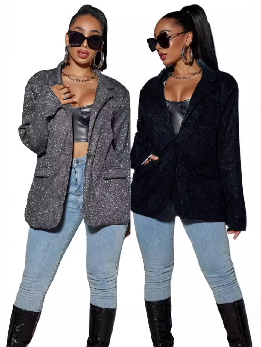 European and American Amazon Cross-border New Commuter Style Cardigan Lapel Long Sleeve Shiny plus size Casual Suit Jacket