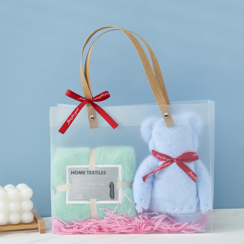 Picture of Coral Velvet Towel Pvc Double Satchel Gift Box Bear Holiday Wedding Souvenir Towel Gift Towel Embroider