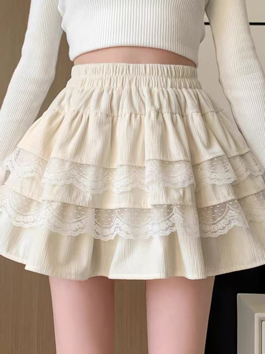 White Lace Cake Skirt Skirt Women's Summer High Waist Slim Look Small A- line Skirt Princess Puff Skirt