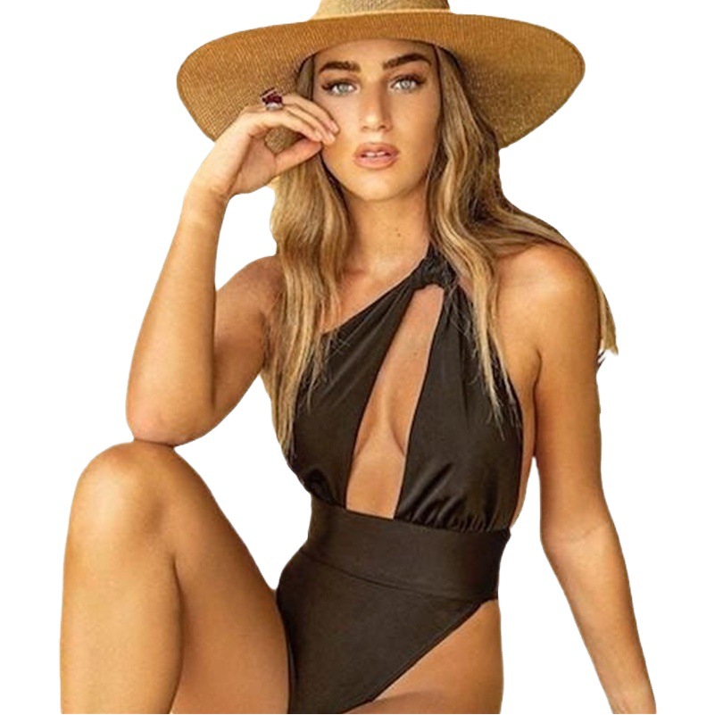 Cross-border New European and American Women's one-piece Swimsuit Solid Color Crossover Shoulder Backless Hollow High Waist Bikini BIKINI Swimsuit