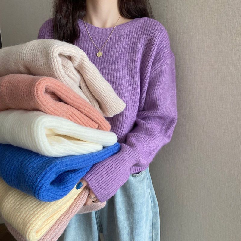 Fall 2023 student knitwear solid color loose pullover women's short western style outer top bottoming shirt