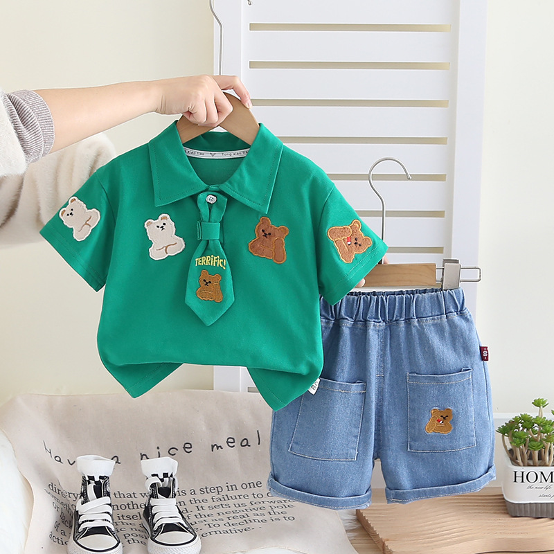 2025 new style summer children's leisure five bear lapel two-piece boys summer short sleeve suit
