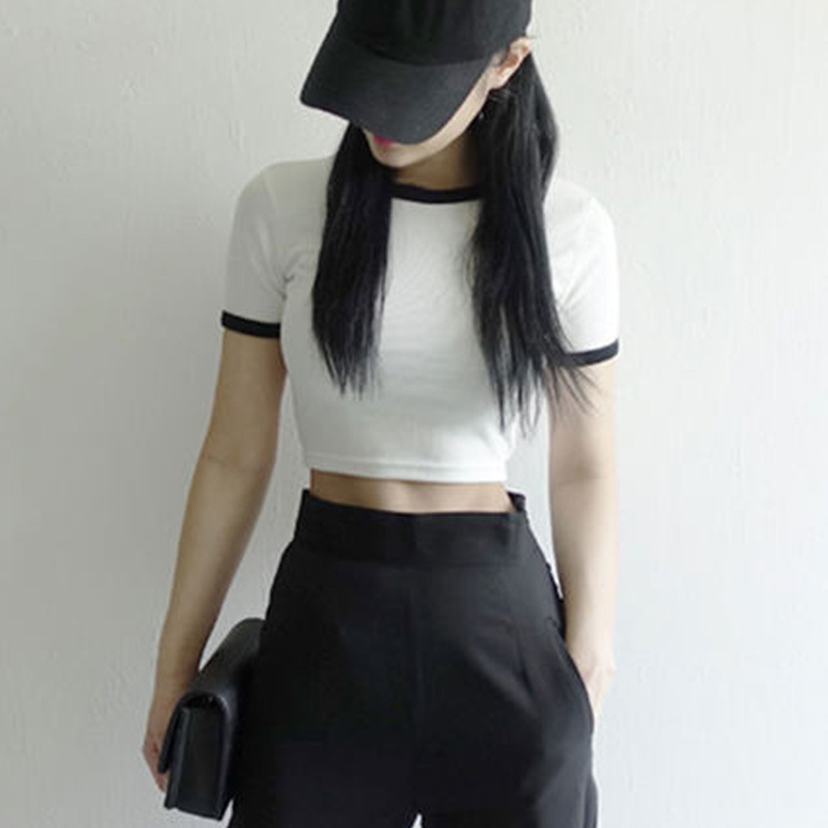Navel Slim-fit Short-sleeved T-shirt Women's Summer Solid Color Round Neck Short Base Shirt Insert Color Top Women's South Korea Supply