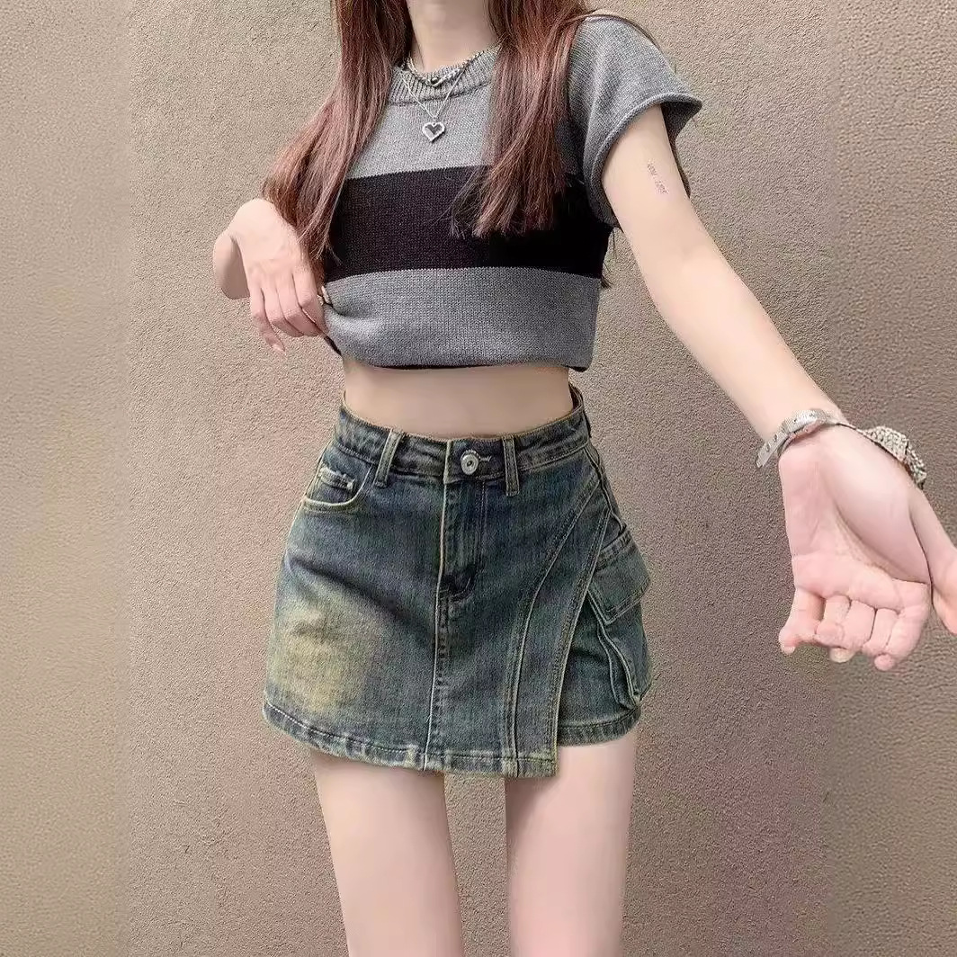 Vintage Little Denim Skirt Women's Summer Design Sense High Waist A- line Hip Skirt Anti-running Light Skirt plus size