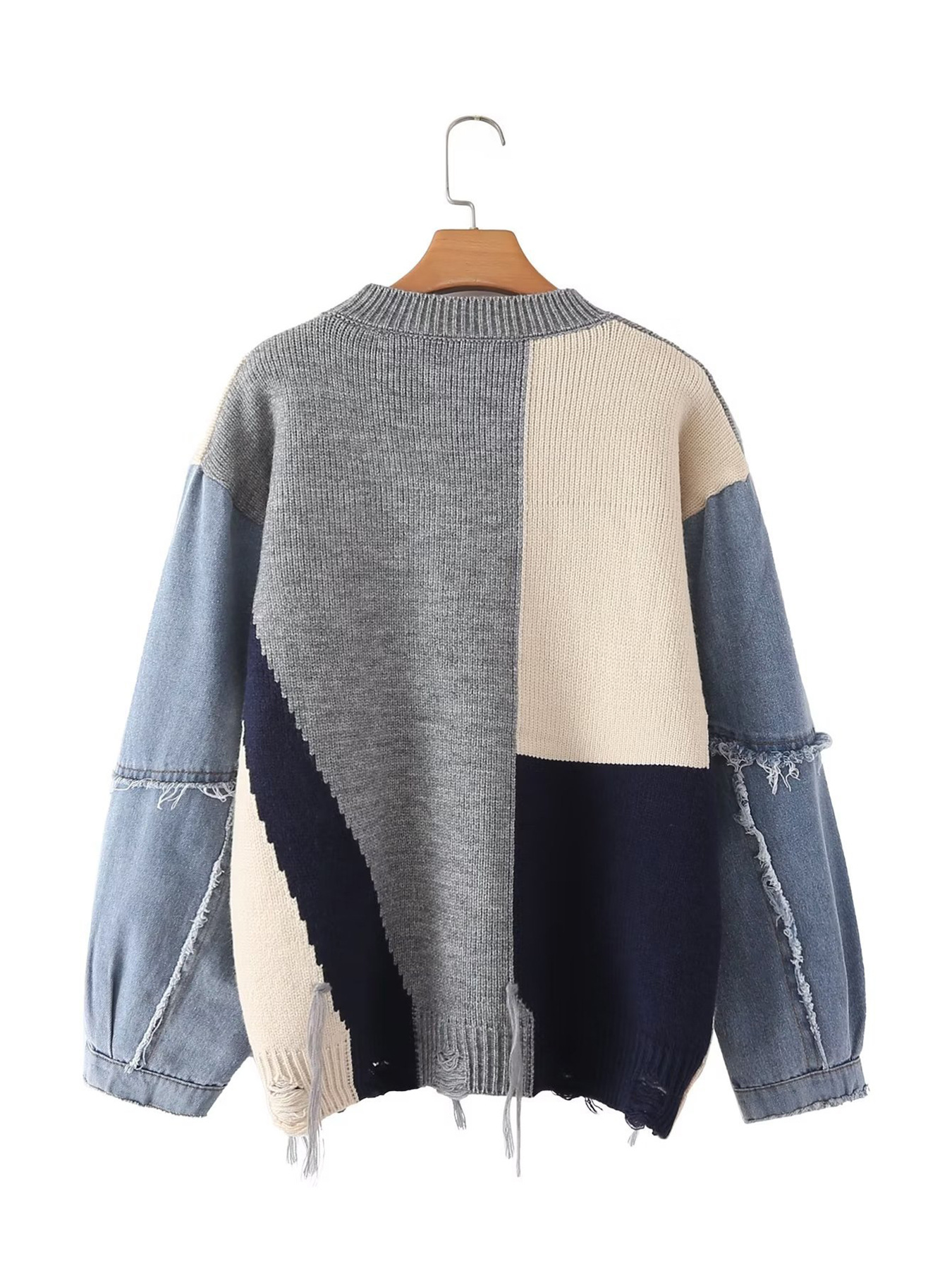 Picture of European and American Cross-Border Amazon Autumn and Winter New Loose Denim Stitching Contrasting Smiley Face Round Neck Long-Sleeved Sweater Pullover