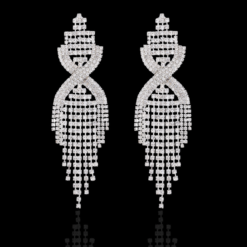 European and American fashion Diamond-embedded long tassel earrings exaggerated chain clip diamond tassel long earrings personalized flash diamond earrings