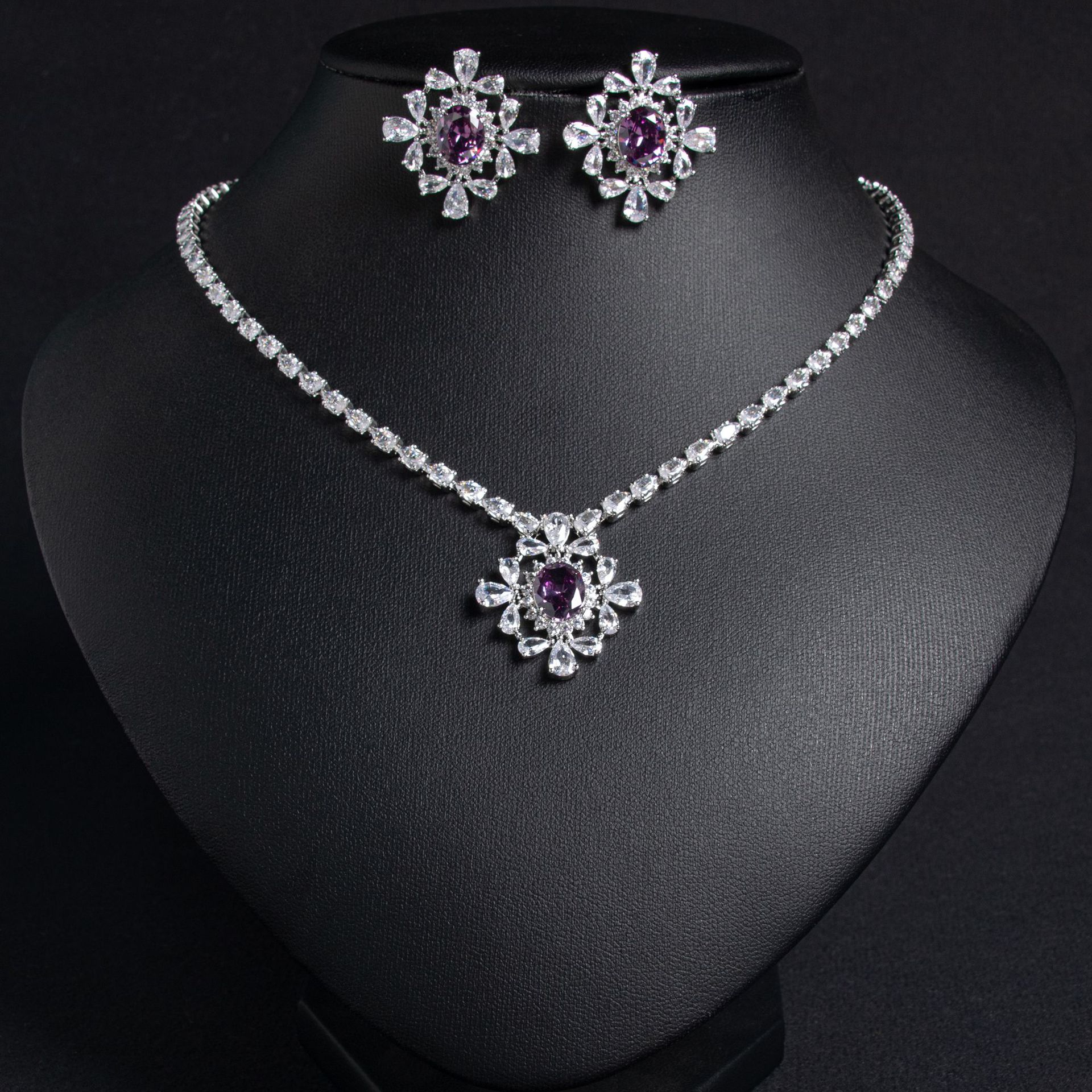 Cross-Border Geometric Flower Bridal Necklace Earrings Inlaid with Zircon Flower Jewelry Set Colorful Treasure Jewelry Wholesale