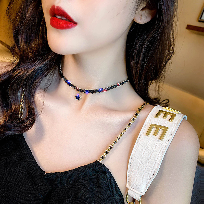 Picture of South Korea Black Sexy Collarbone Chain Simple Short Star Pendant Necklace Choker Collar Neck Band Neck Chain for Women
