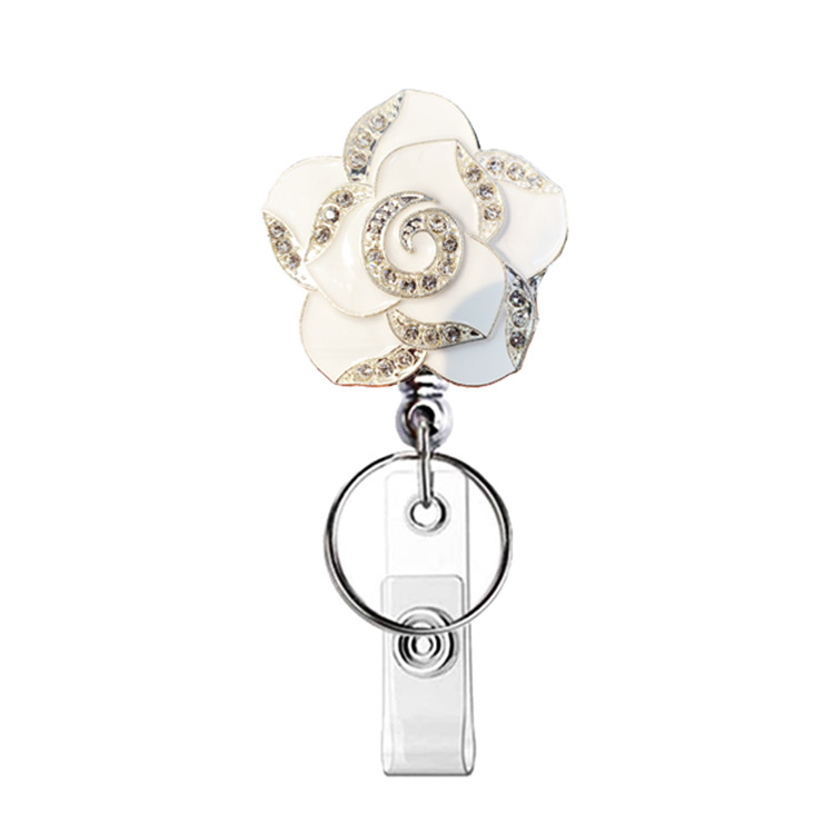 Picture of Silver Electroplating easy pull buckle metal color rhinestone drop oil rose Camellia retractable buckle easy pull ID buckle