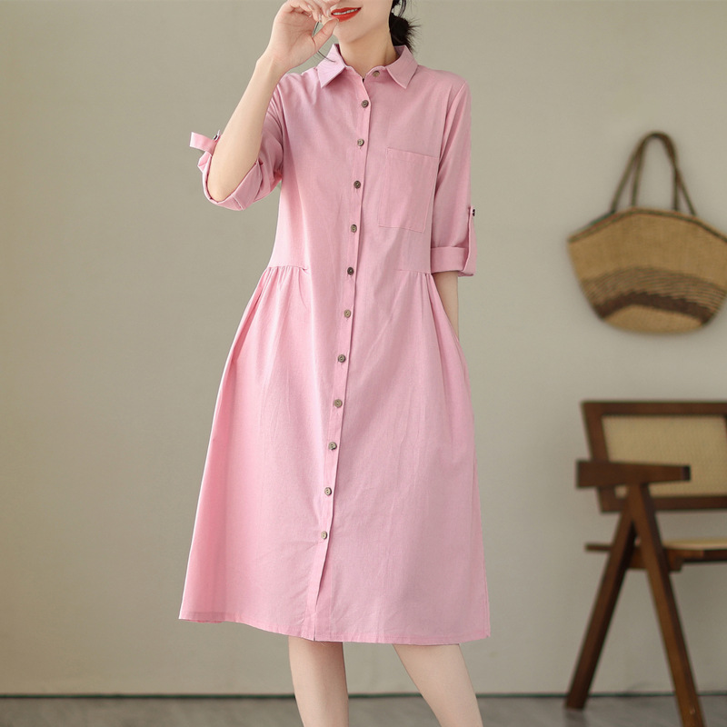 Elegant French style cotton linen mid-length shirt dress for women 2024 spring new loose slimming short sleeve solid color dress