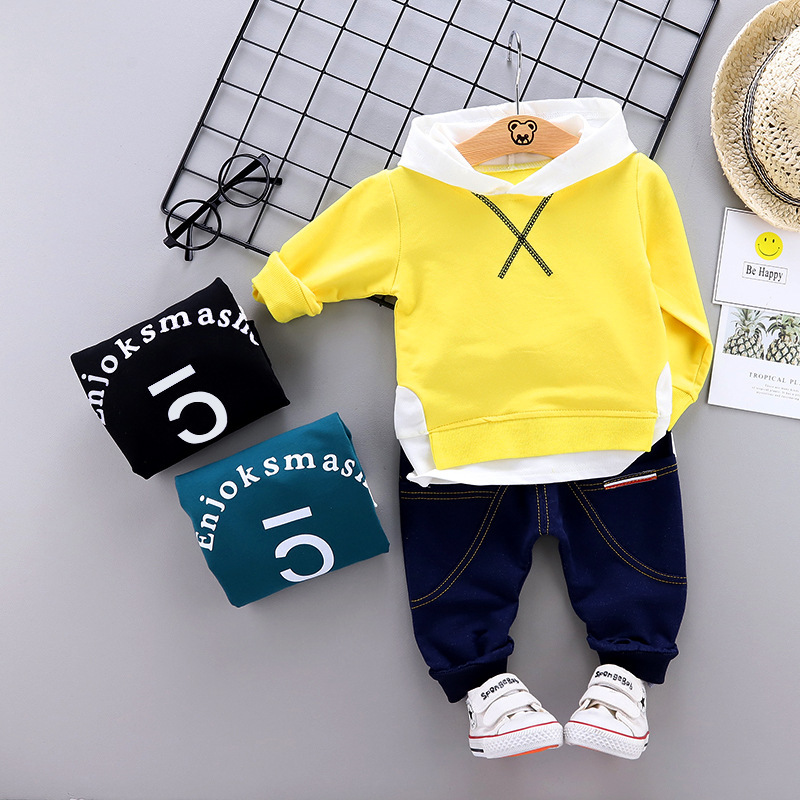Autumn children Boys' long sleeve suit children's autumn baby hooded double fork long sleeve trousers two-piece set delivery