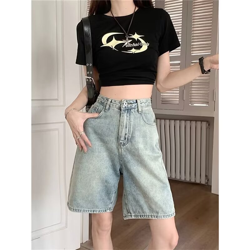 Hong Kong Style Retro Jeans Summer Women's Wear 2024 New High Waist Slimming Light Blue Wide Leg Pants A- Shirt Shorts