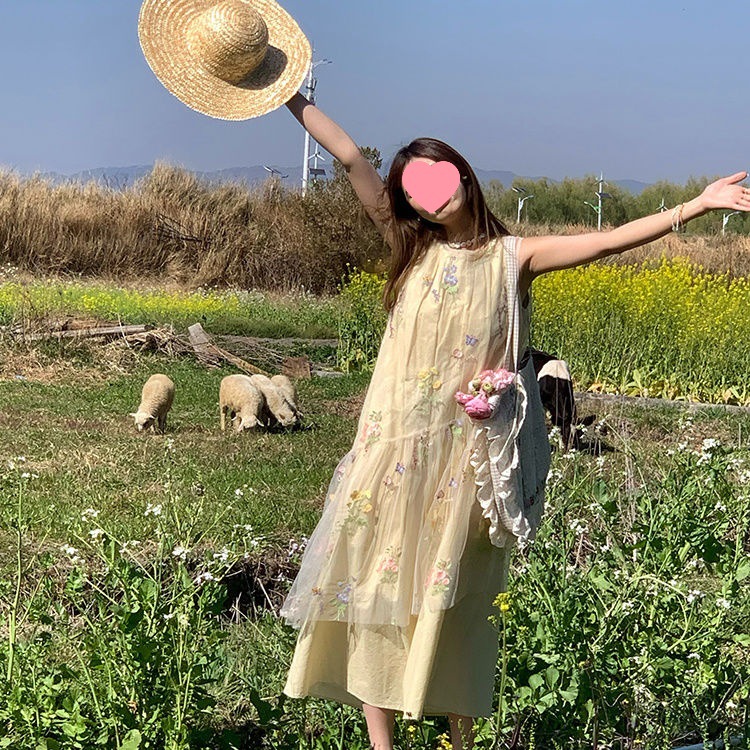"Die Ling Huayang" Mesh Embroidered Sleeveless Dress Women's Summer Loose Layered Overskirt Vest Dress