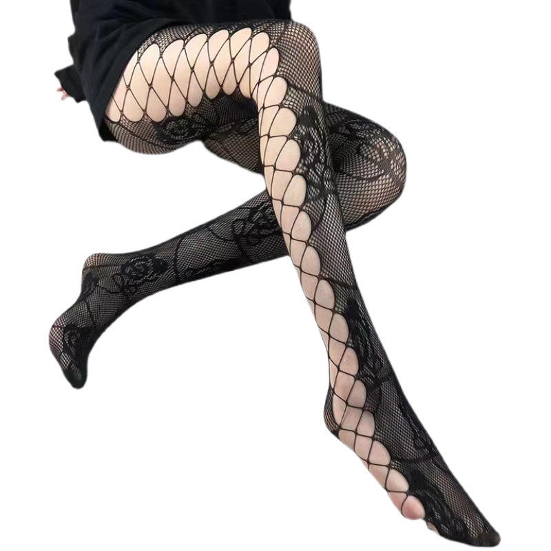 JK Vintage Stitching Strap Pantyhose Thin Silk Stockings Rose Print Side Cutout Fishnet Stockings Y2K Pantyhose