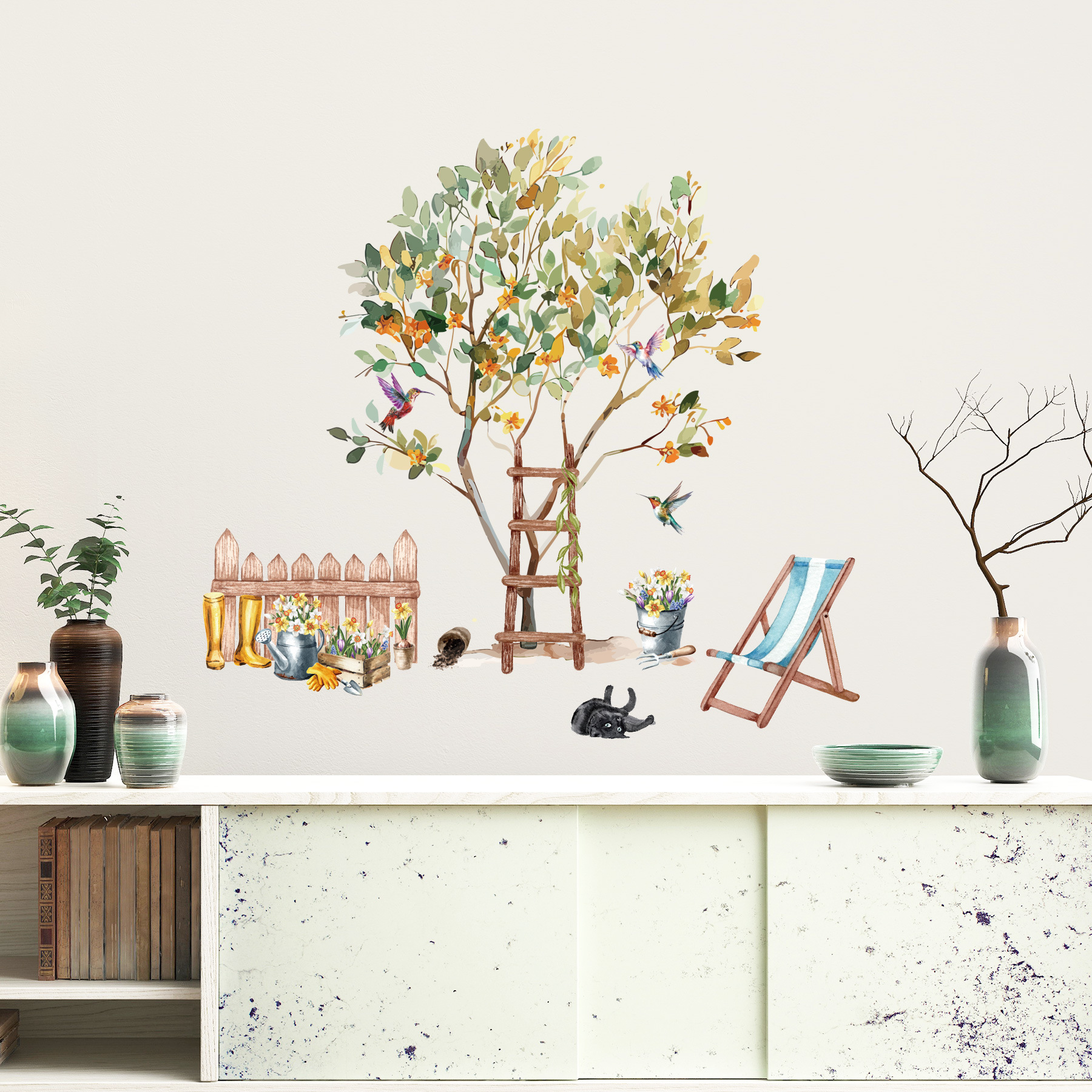 Cat Fence Fruit Tree Flower Basket Cross-border Removable Living Room Bedroom Children's Room Home Decoration Wall Sticker MUP1750