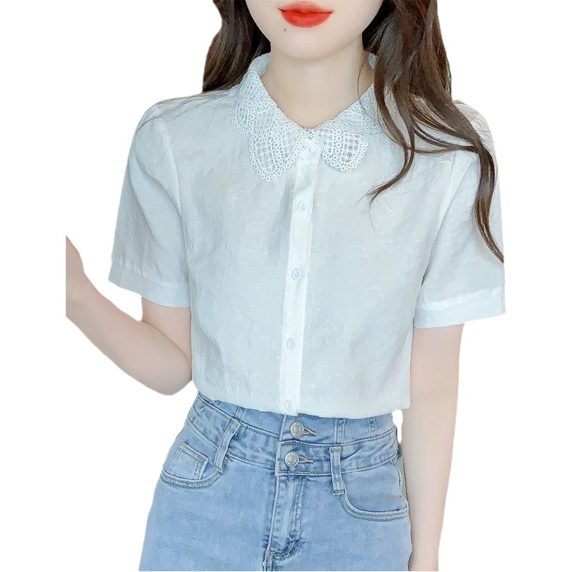 Summer Clothes 2024 New Fashion Age-Reducing Women's Shirts Pure Cotton Shirts Women's Fashionable Cotton Jacquard Short-Sleeved Tops