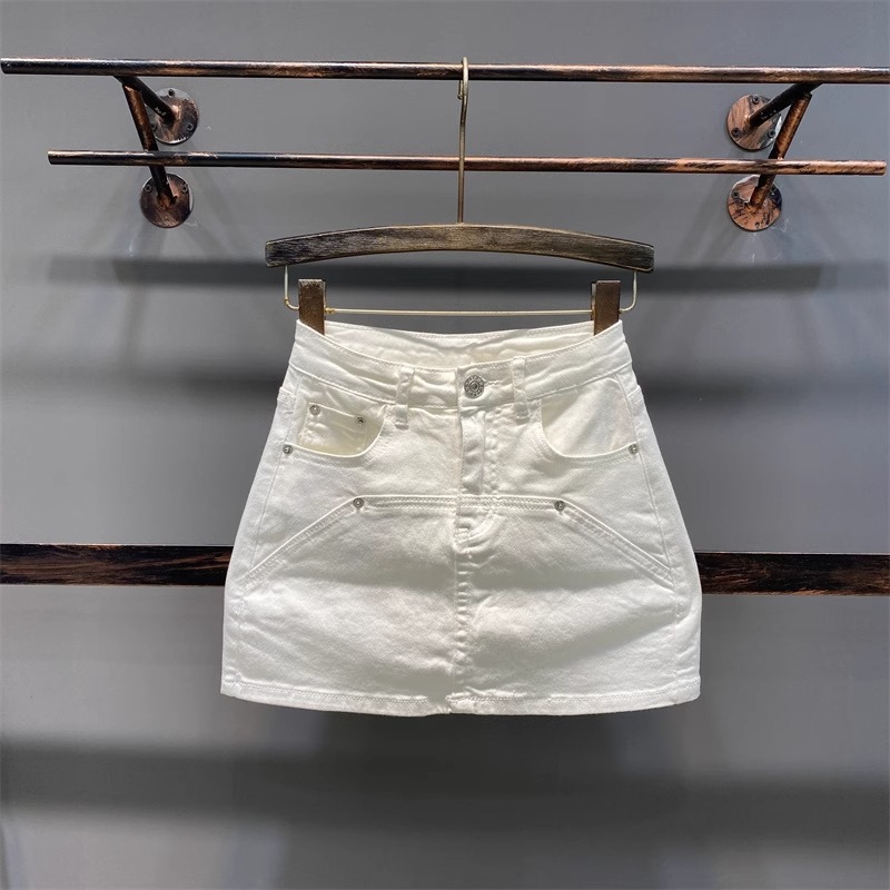 Temperament White Slim Denim Skirt 2025 New A-Line Skirt High Waist Slimming Look Hip Skirt Anti-Exposure Short Skirt