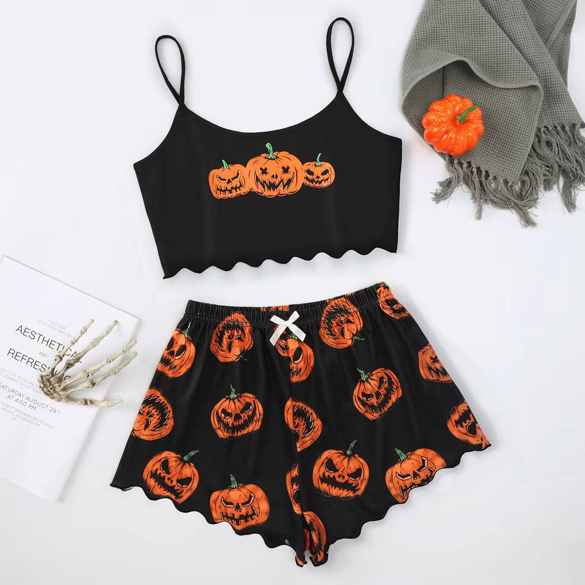 European and American-style Halloween Pumpkin Printed Sleeveless Top Shorts Home Clothes Pajamas Women's Suit pajamas