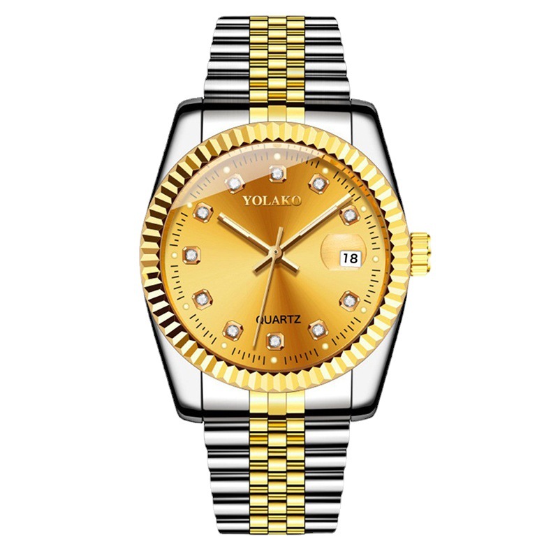 Picture of Diamond Face Steel Band Calendar Watch Women's Simple Casual Student Fashion Quartz Gold suit Men's Watch Couple
