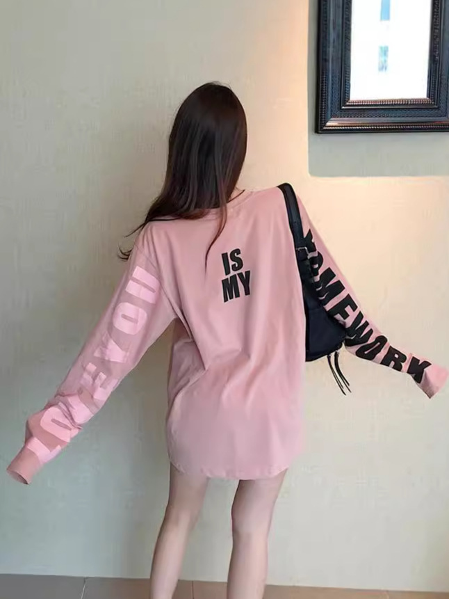 Spring and autumn Korean version of chic loose letter printing long sleeve T-shirt women's new all-match slim base coat women's t wholesale