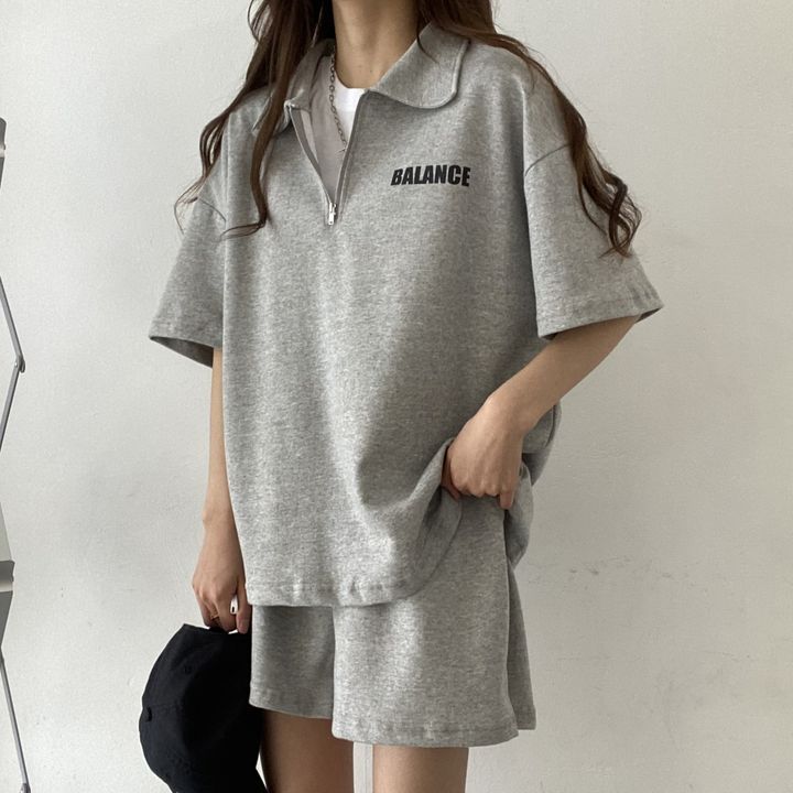 Picture of 4 Color High-end Cotton Zipper Set Two-piece Women's Short-sleeved Shorts Sportswear Solid Color Loose Summer Fashion Casual