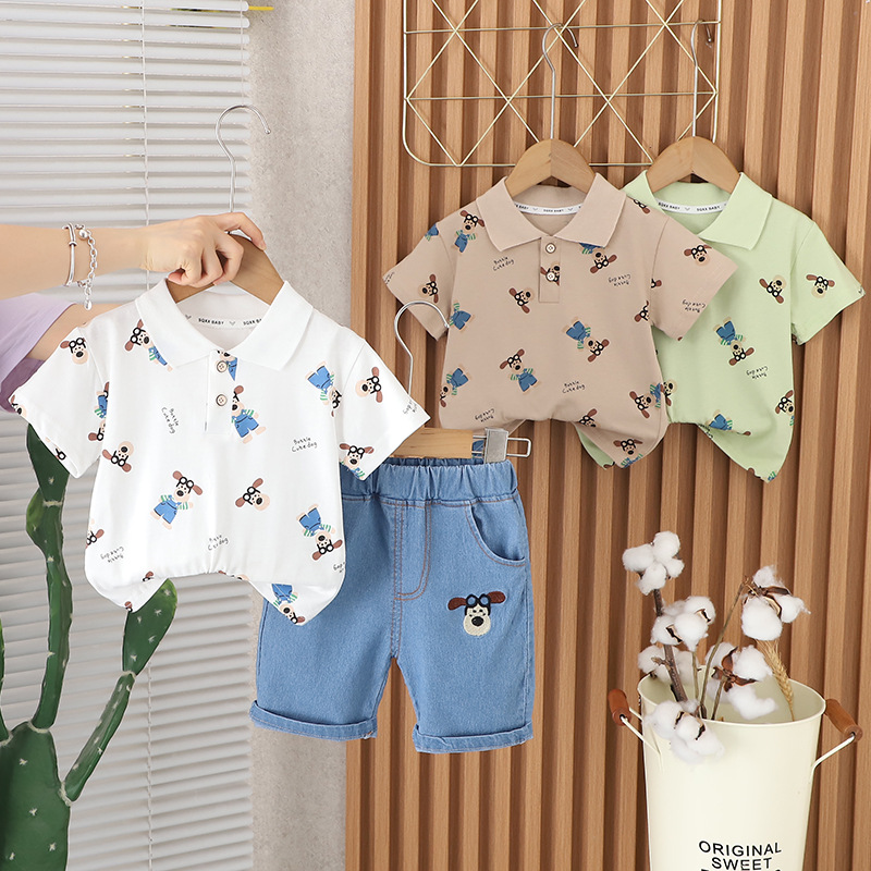 Wu Xiaoqi Children's Clothing 2024 New 0-5 Boys Lapel T-Shirt Sports Summer Clothing Baby Casual Shorts 2 Sets