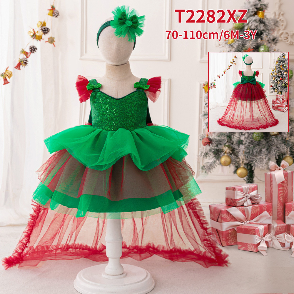 New European and American Baby One-Year-Old Dress with Suspenders, Sequins, Red and Green Color-Blocked Tail Mesh Tutu Skirt, Christmas Dress