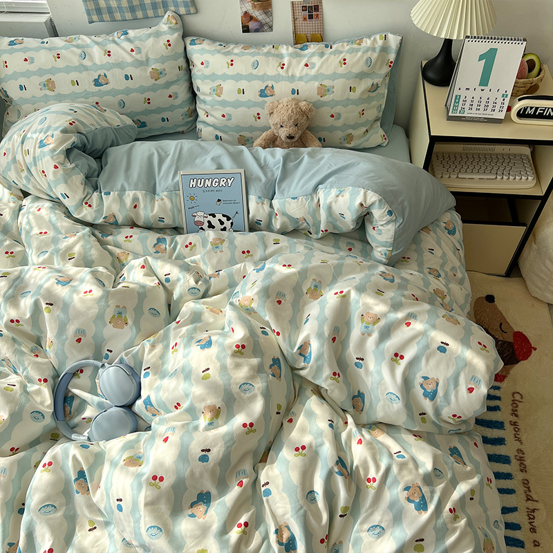 Class A Maternal and Infant Grade ins Style Bed Four-piece Set Pure Cotton Washed Cotton Bed Sheet Quilt Cover Student Dormitory Three-piece Set for Hair