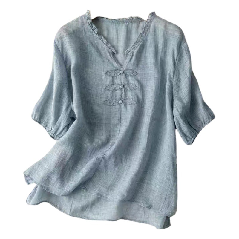 Cotton and Linen Embroidered V-neck Short-sleeved T-shirt Top Women's Summer Thin Wood-ear Ruffled plus size Loose Breathable Shirt