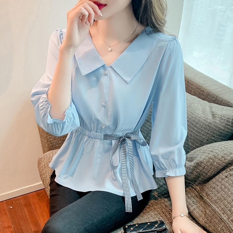 Picture of Baby Doll Collar Chiffon Women's Spring 2023 Petite Lace-Up Waist-Cinching Slimming Belly-Covering Shirt with Three-Quarter Sleeves Versatile Top