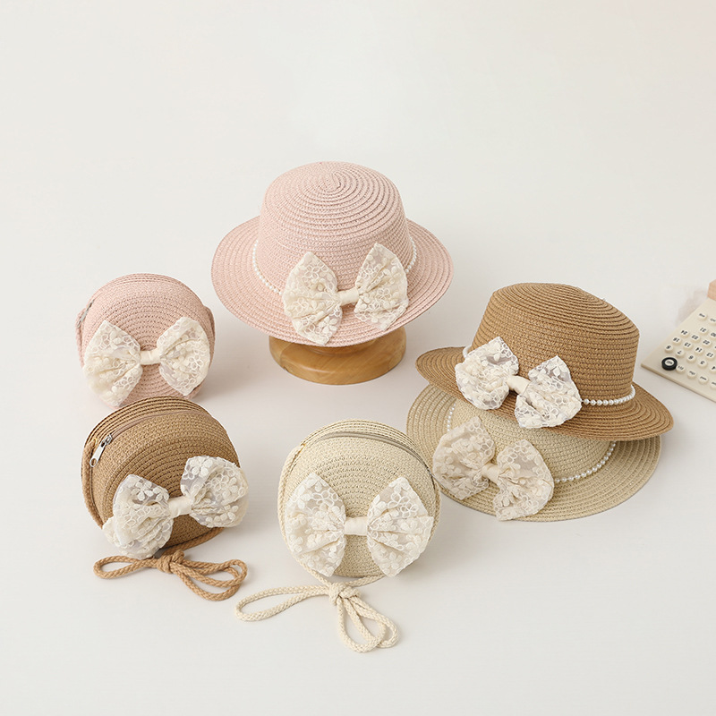 Picture of Children's Sunscreen Hat Summer Girl's Sunshade Straw Hat Bag suit Girl Baby Girl Western-style Lace Princess Beach Hat