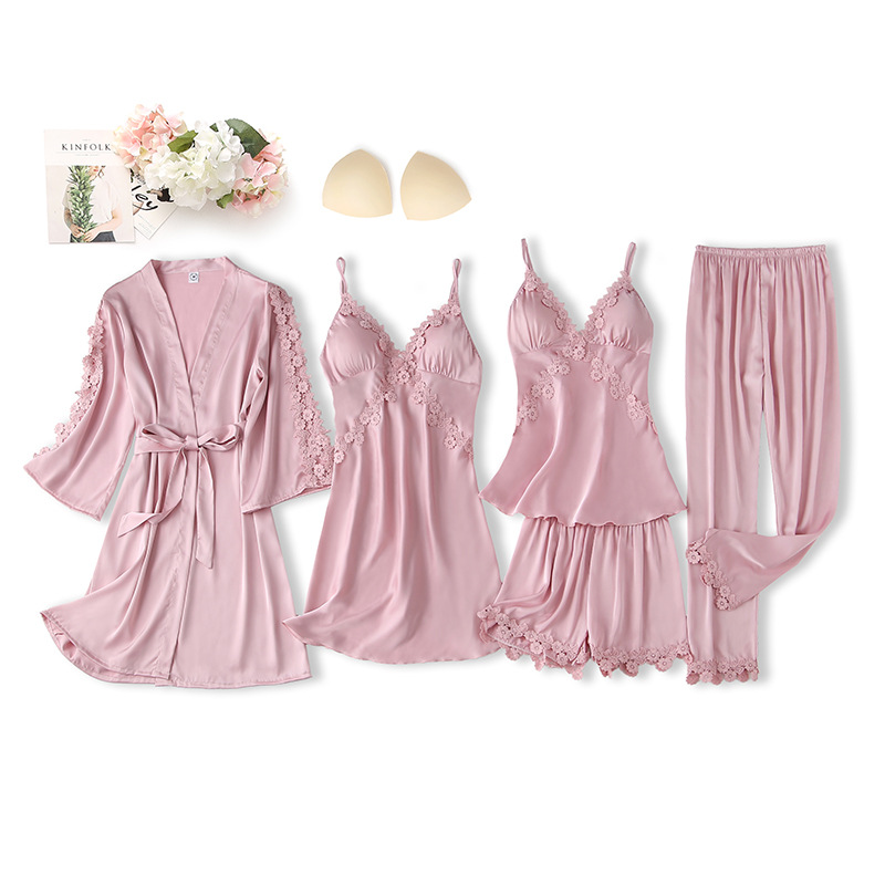 Sexy Pajamas Women's Spring Autumn and Winter Ice Silk Five-Piece Set New Arrival Nightdress Nightgown Thin Sling Chest Pad Long Sleeve Summer