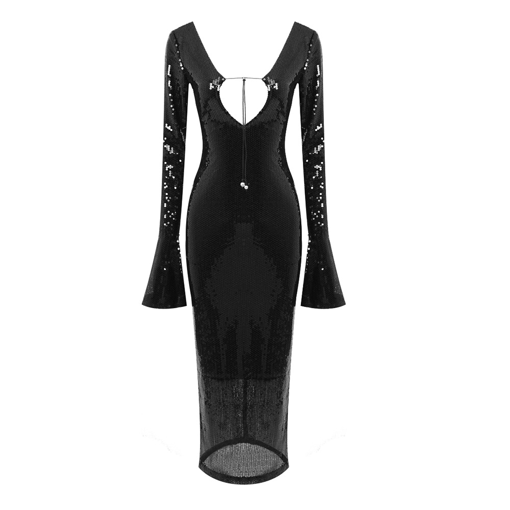 Picture of European and American Fashion Purple Transparent Sequin Backless Bell Dress Summer Women's Export Trumpet Sleeve Long Skirt Dress