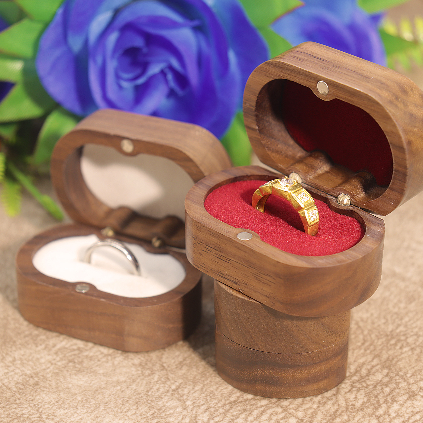 Picture of Dragon and Phoenix Jewelry Box Vintage Wooden Earrings Ring Box Flannelette Jewelry Pair Ring Storage Box for Women