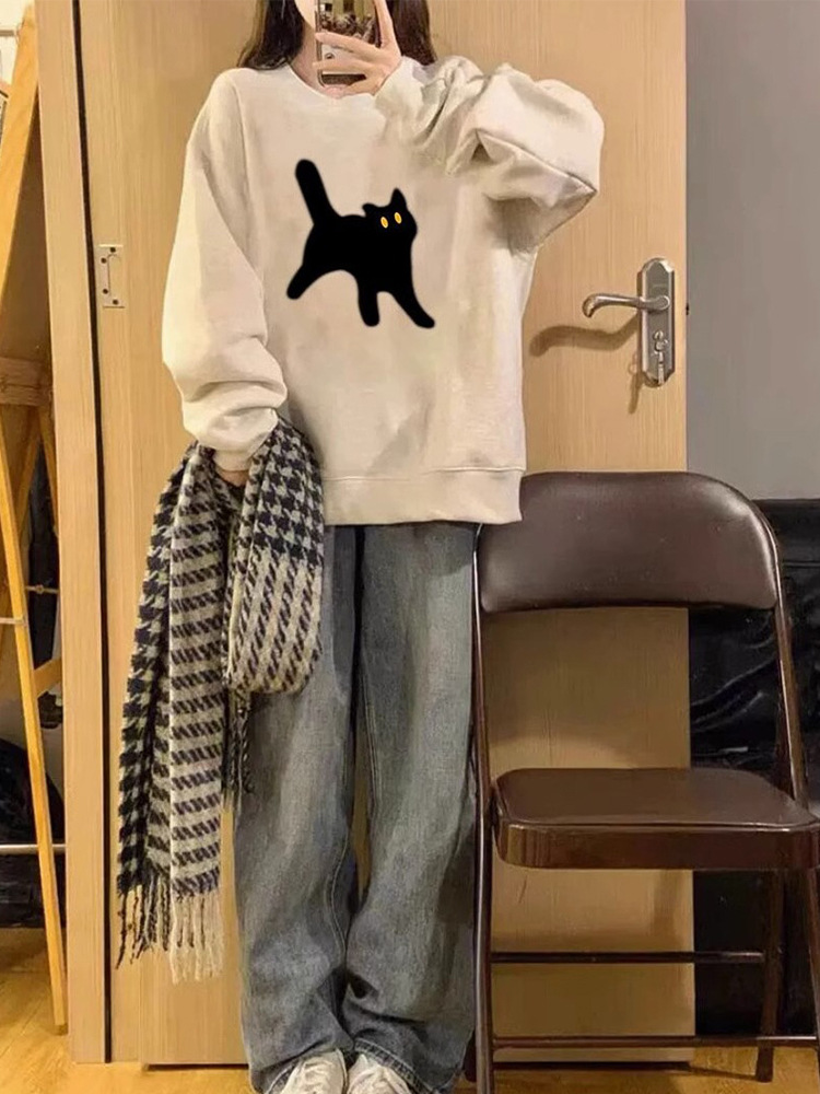 Picture of American Retro Oversize Round Neck Sweatshirt for Women 2025 New Spring and Autum Gray Velvet Early Autum Outwear Top