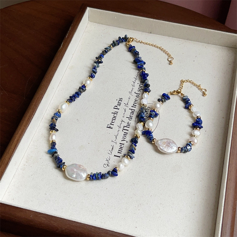 Original Design Lapis Lapis Lustre Natural Baroque Pearl Bracelet All-match Light Luxury Freshwater Pearl Necklace Jewelry suit