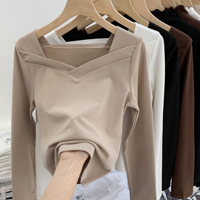 Velvet Base Shirt Women's Autumn and Winter New Design Sense Niche Square Collar Irregular Scrub Stylish Slim Fit Inner Top