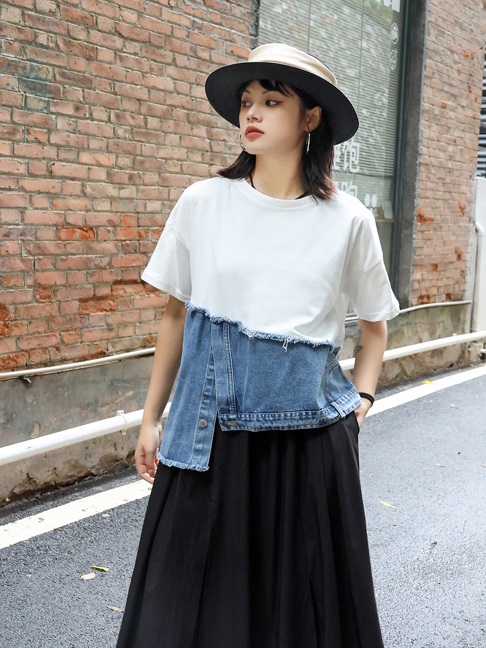 250360 American Retro Trendy Brand Contrast Color Top Denim Stitching Irregular Design Unique Ins Top