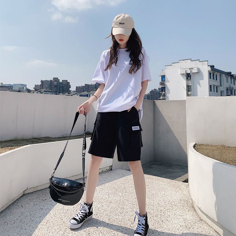2024 New workwear shorts women's summer thin casual mid-length pants loose straight high waist slimming cropped pants fashion