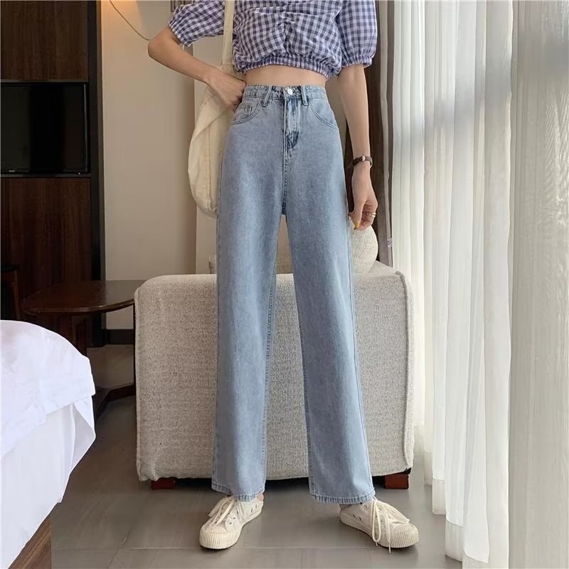 2025 New Spring and Summer Simple Straight Leg Jeans Women's High Waist Loose Slimming Dragging Wide Leg Pants