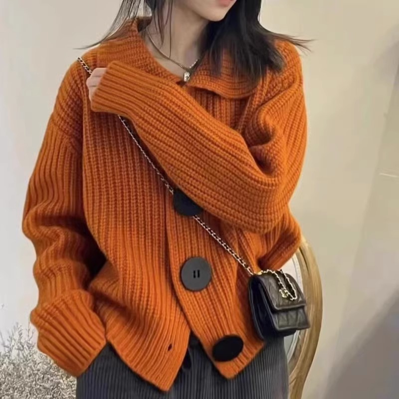 Picture of Knitted cardigan women's spring and autumn clothing 2024 new long sleeve loose Korean style fashionable large buckle lapel short sweater coat