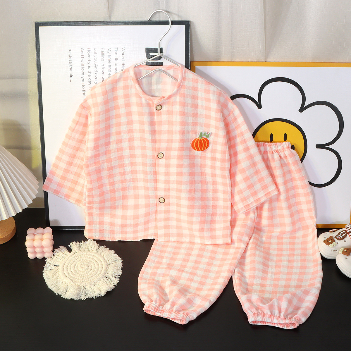 Picture of Boys and Girls Cloud Cotton Home Clothes Set Summer Cardigan Cartoon Kidsren's Pajamas Tops Pants Spring & Fall Two-Piece Set