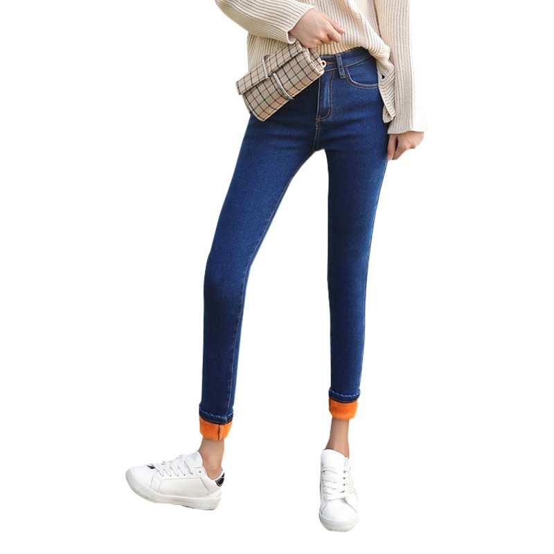 Picture of Dark Blue High Waist Jeans Women's 2023 Spring New Slim-fit Tight All-match Fleece-lined Stretch Pants for Winter