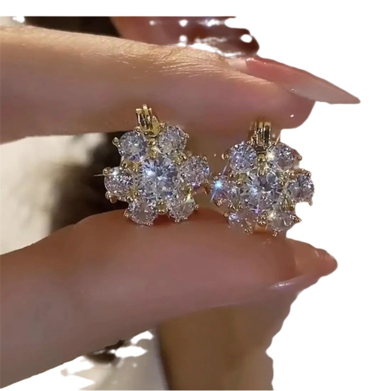 Super Flash Fashion Double-sided Zircon Flower Ear Buckle Women's Internet Celebrity Hot High-end Feeling Temperament Niche Design Sense Earrings for Women