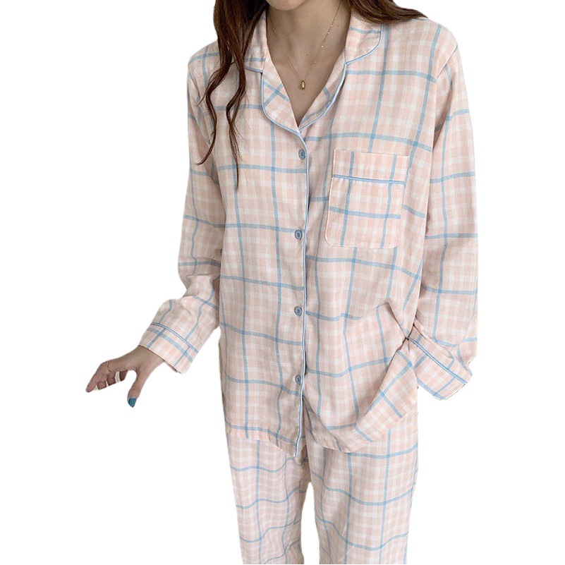 Korean Style Pajamas for Women, Plaid and Cute, Suitable for Spring, Autumn, and Winter, Cardigan with a Turn-Down Collar, Long Sleeves, Export Quality, Can Be Worn Outside, Loungewear Set